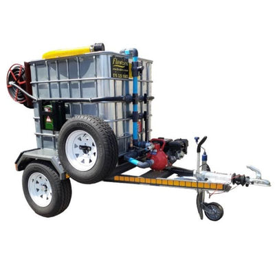 1000lt steel covered flowbin with s 9.5bar pump -2 Hose reels, spray boom and foam injector trailer unit