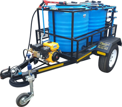 300l vertical 186bar pressure washer and 300l 2.5bar water bowser on braked trailer